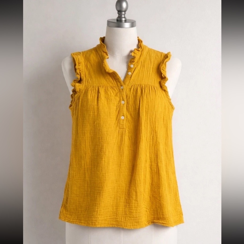 J. Crew Ruffled Sleeveless Henley Tank - Mustard